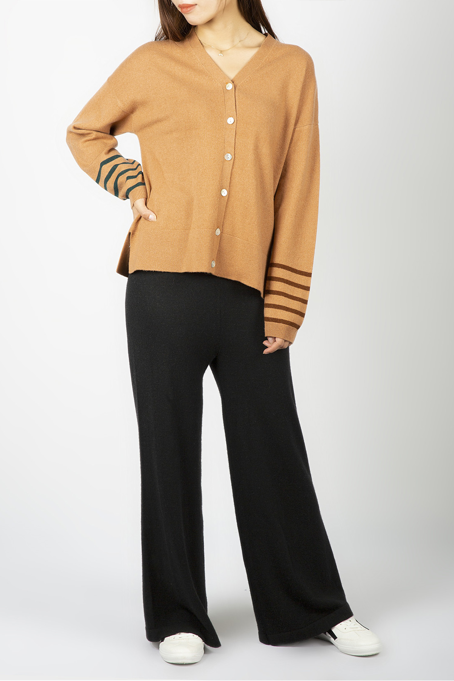 V Neck Button Cardigan with Cuff Stripes 12GG