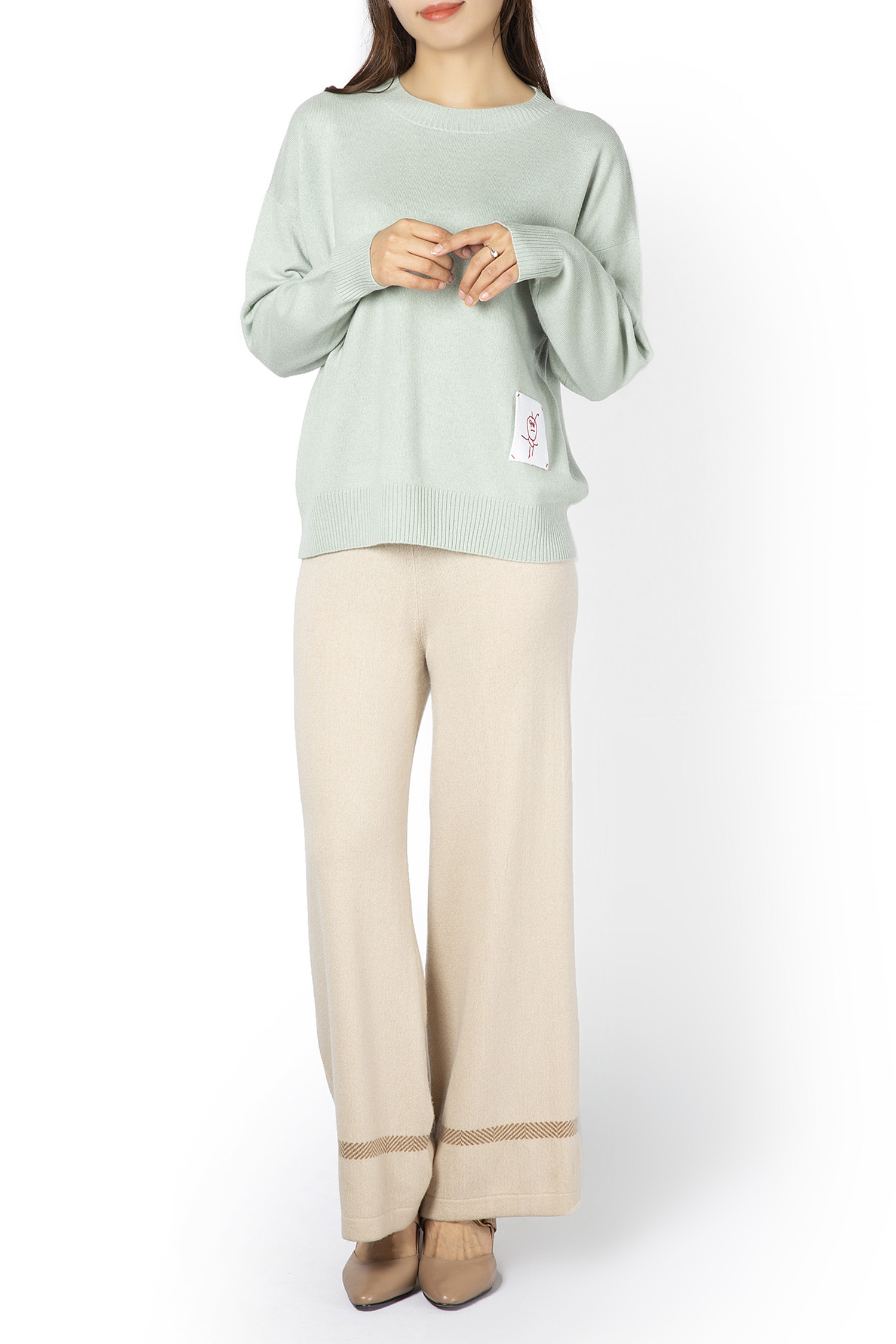 Crew Neck Plain Knit Sweater with Monster Patch 12GG