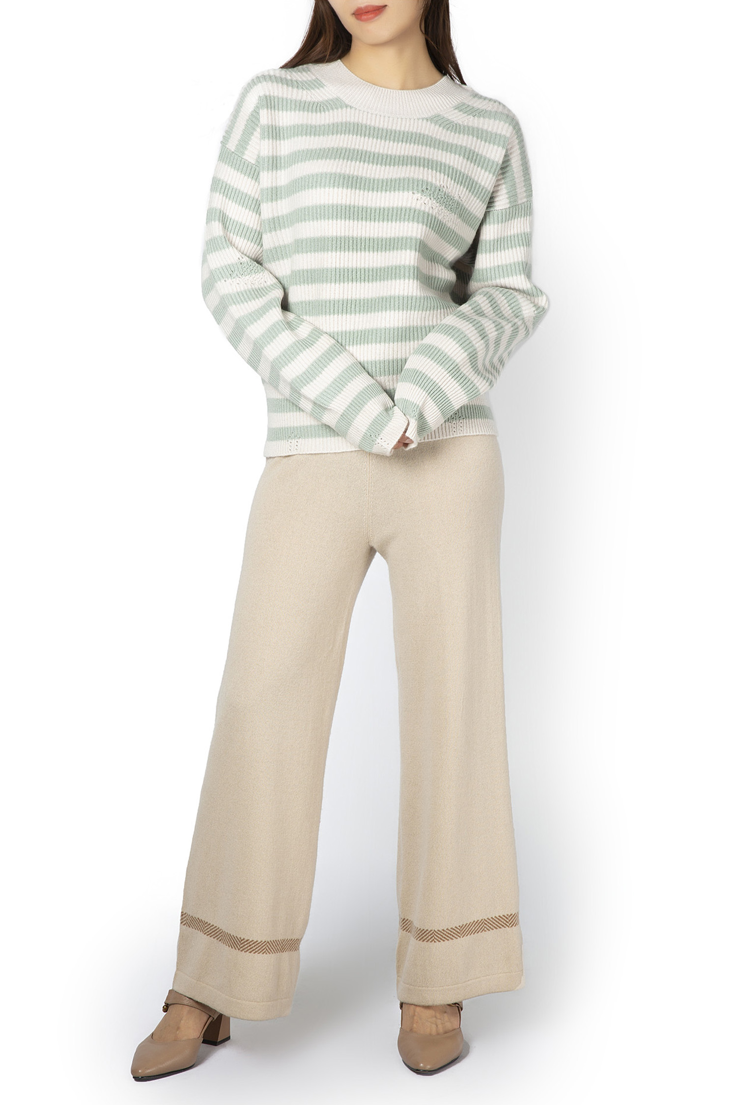 Crew Neck Rib Knit Horizontal Striped Sweater with Hollow Decorations 7GG