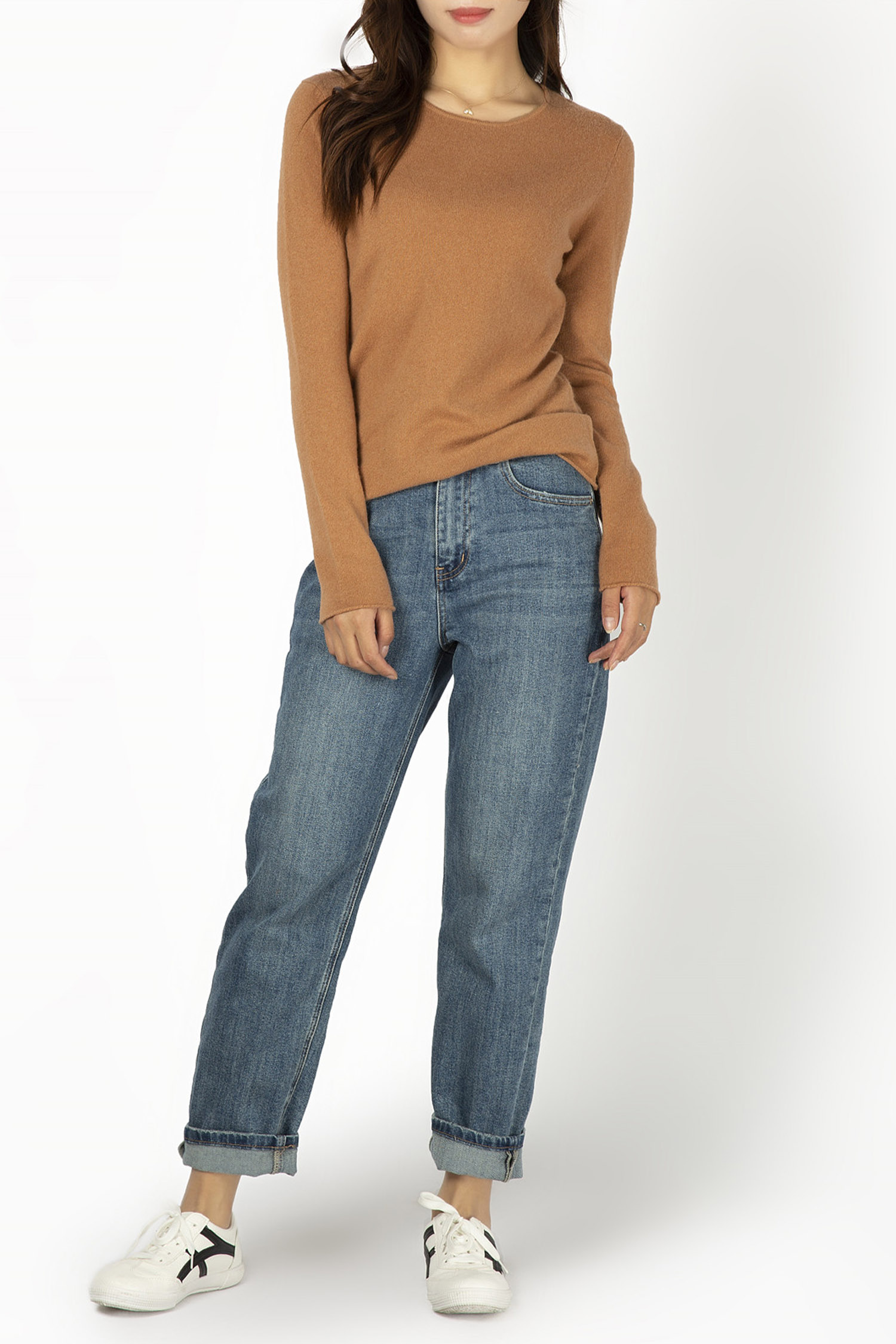 Crew Neck Plain Knit Pullover with Self Roll Edges 12GG