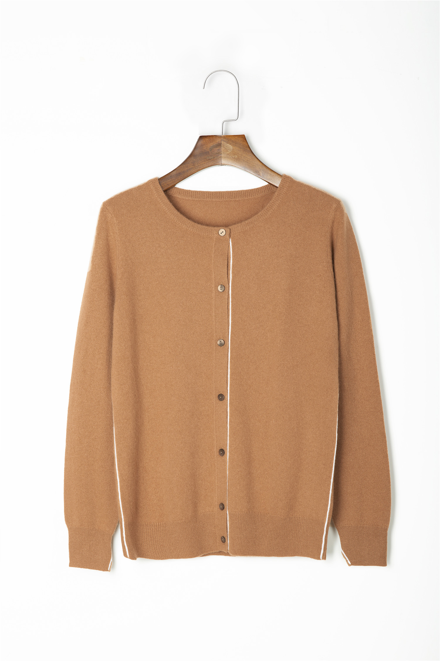 Crew Neck Plain Button Cardigan with Decoration Lines on Body and Sleeve 12GG