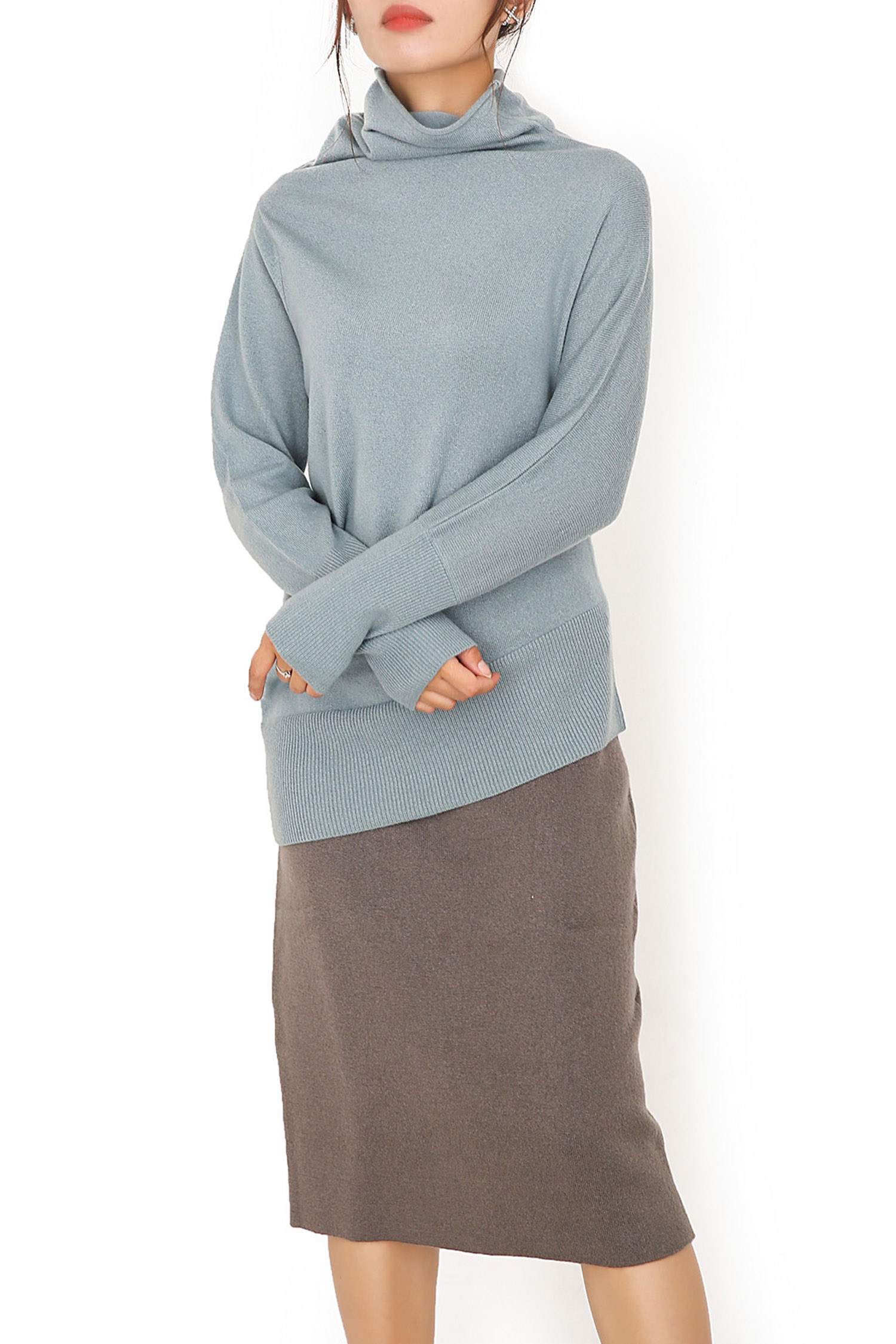 High Neck Plain Knit Irregular Poncho Sweater 12GG