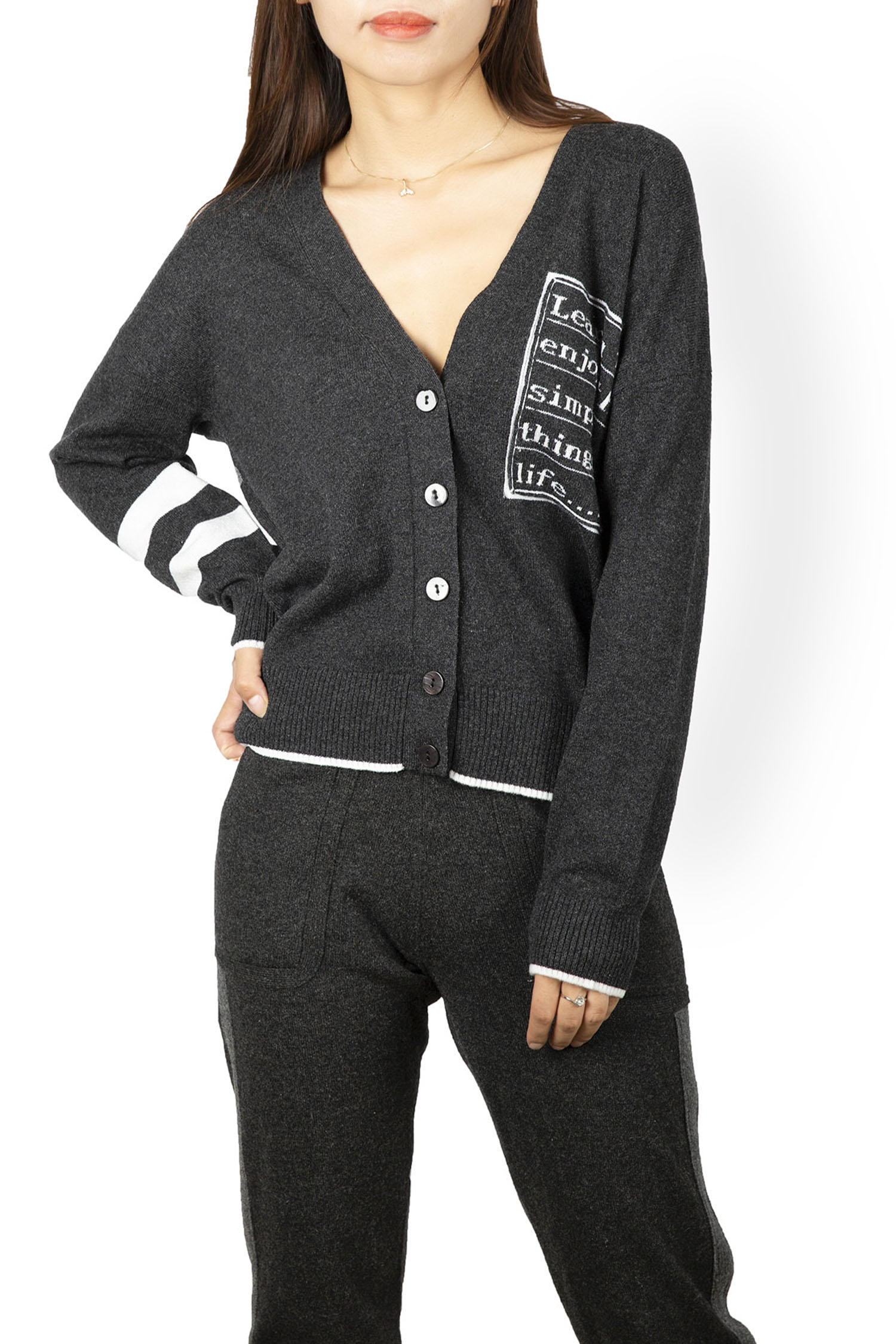 Deep V Neck Button Cardigan with Intarsia Wording 12GG