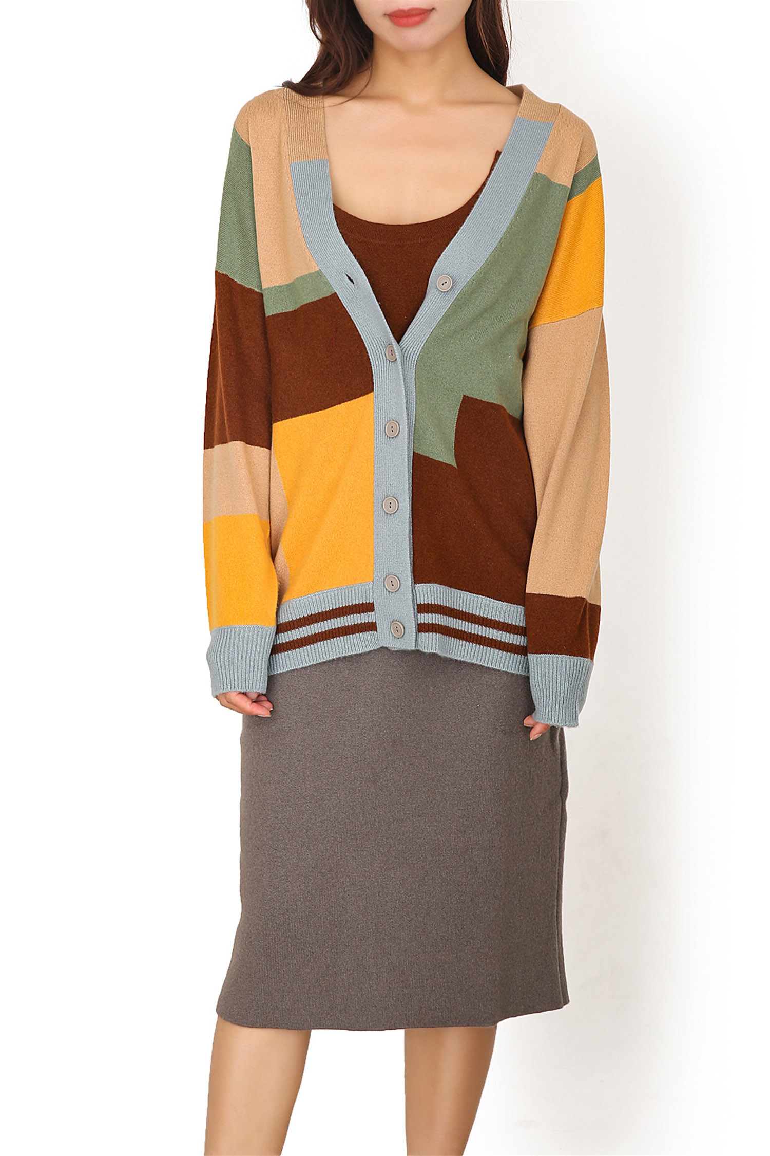 Deep V Neck Block Color Button Cardigan 12GG