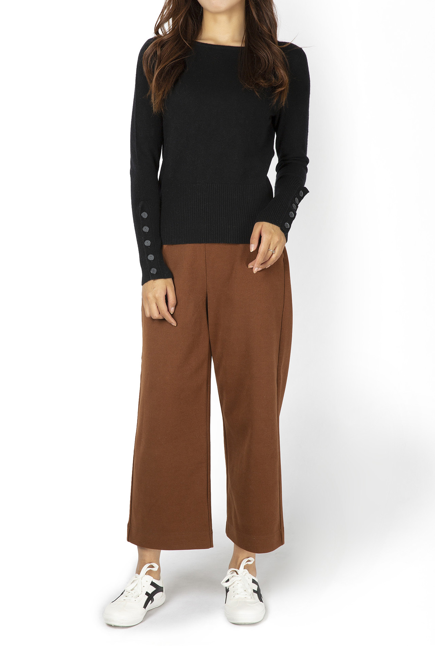 Wide Crew Neck Plain Knit Jumper with Button Sleeves 12GG