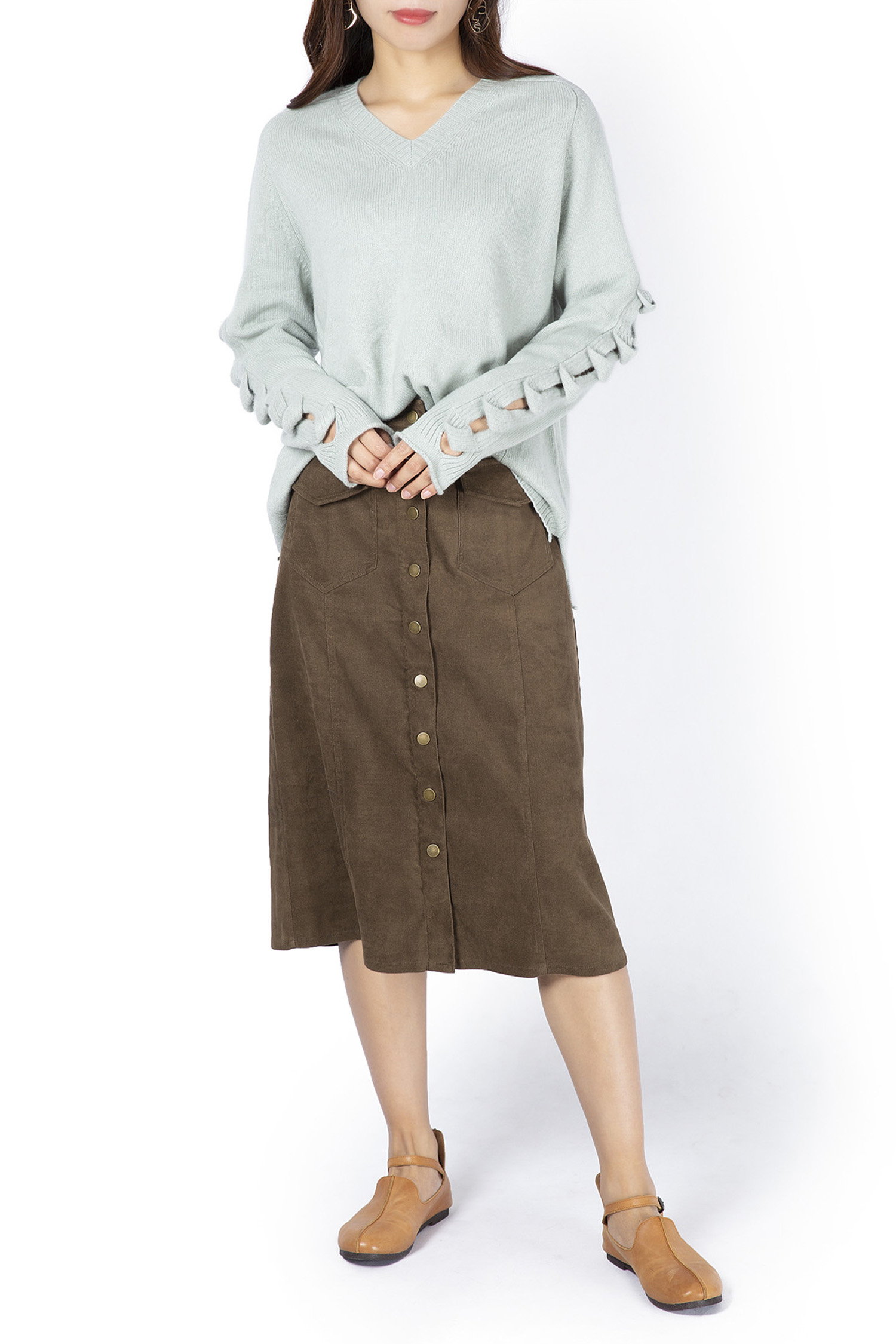 V Neck Plain Knit Jumper with Hollowed Out Sleeves 7GG