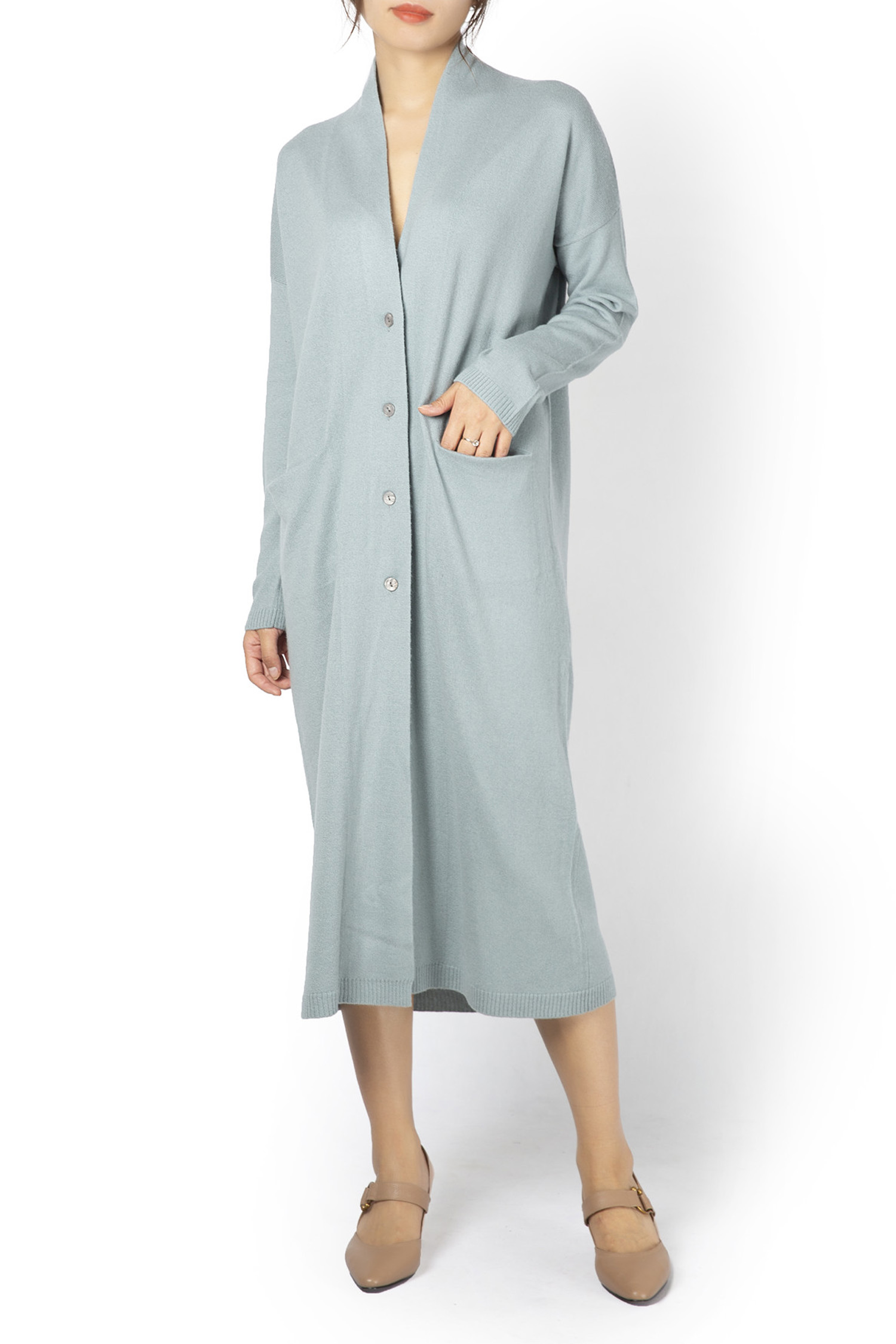 Plain Knit Long Button Cardigan Dress 12GG