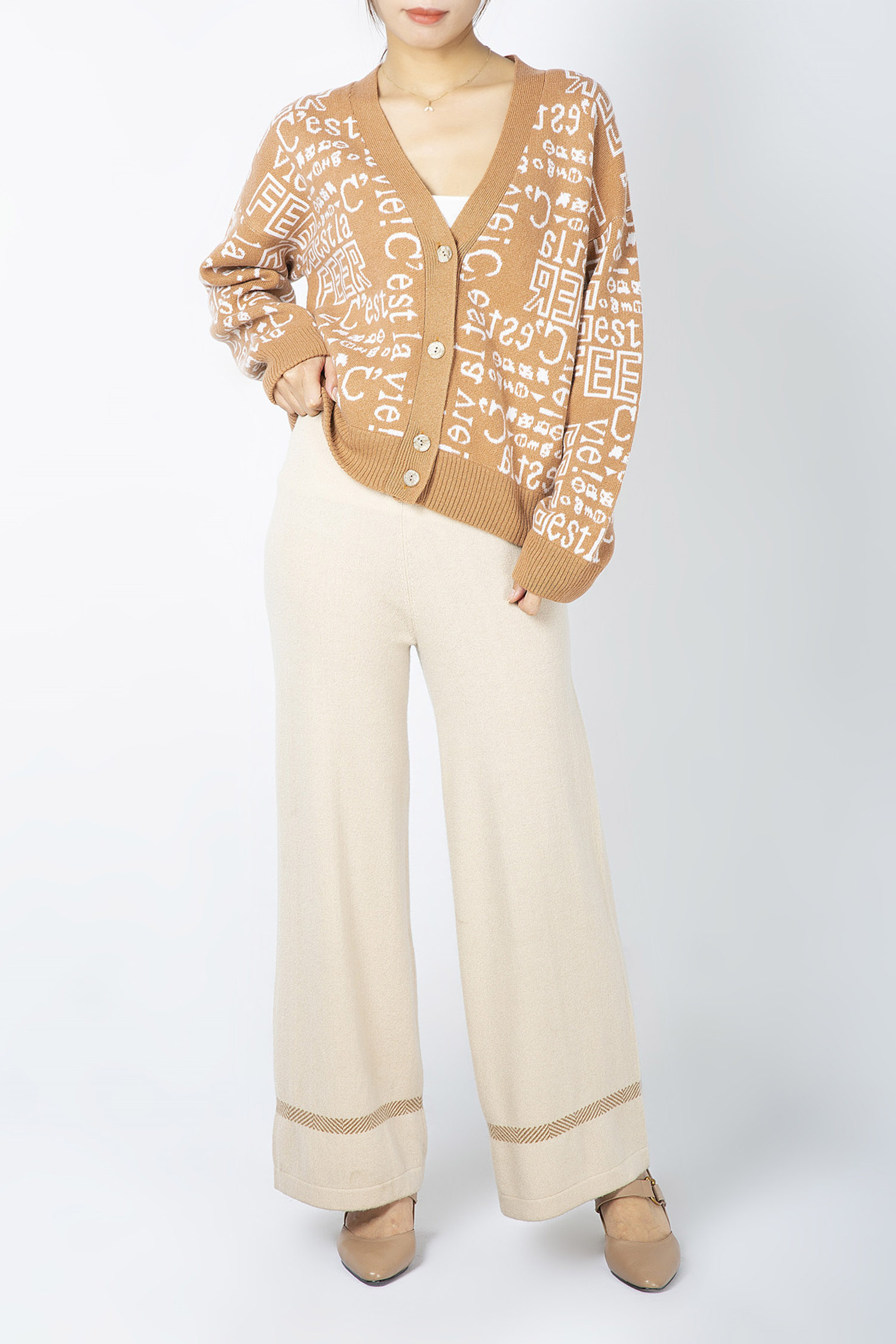 Deep V Neck Plain Knit Jacquard Button Cardigan 12GG