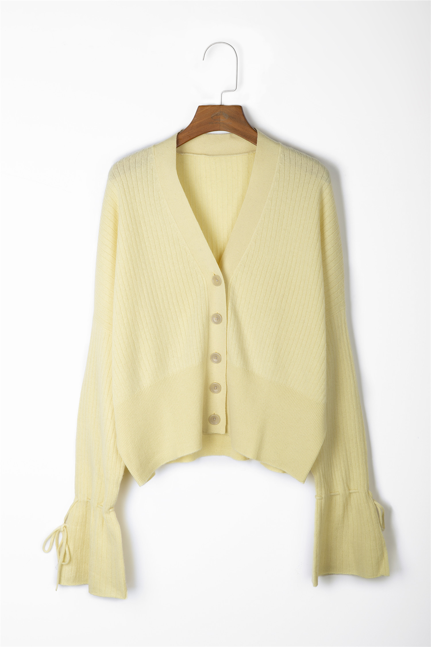 V Neck Rib Knit Button Cardigan with Long Flared Sleeves 12GG