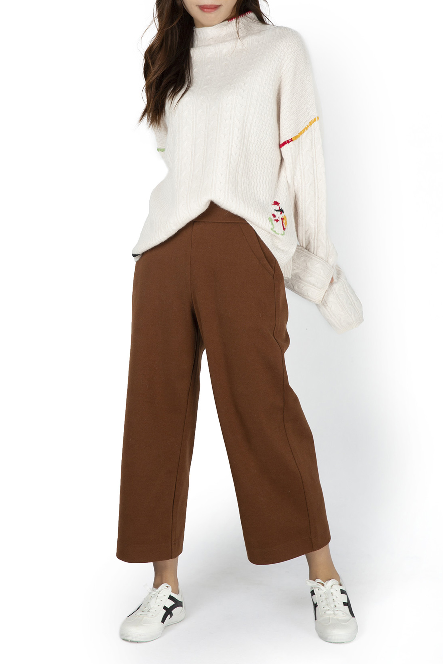 High Neck Cable Knit Loose Jumper with Hand Stitched Pattern 7GG