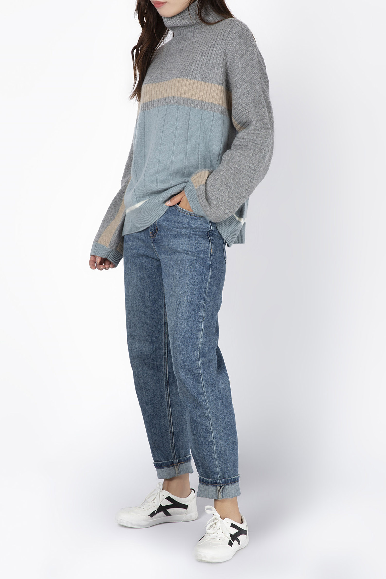 High Neck Rib Knit Block Color Loose Fit Sweater 7GG