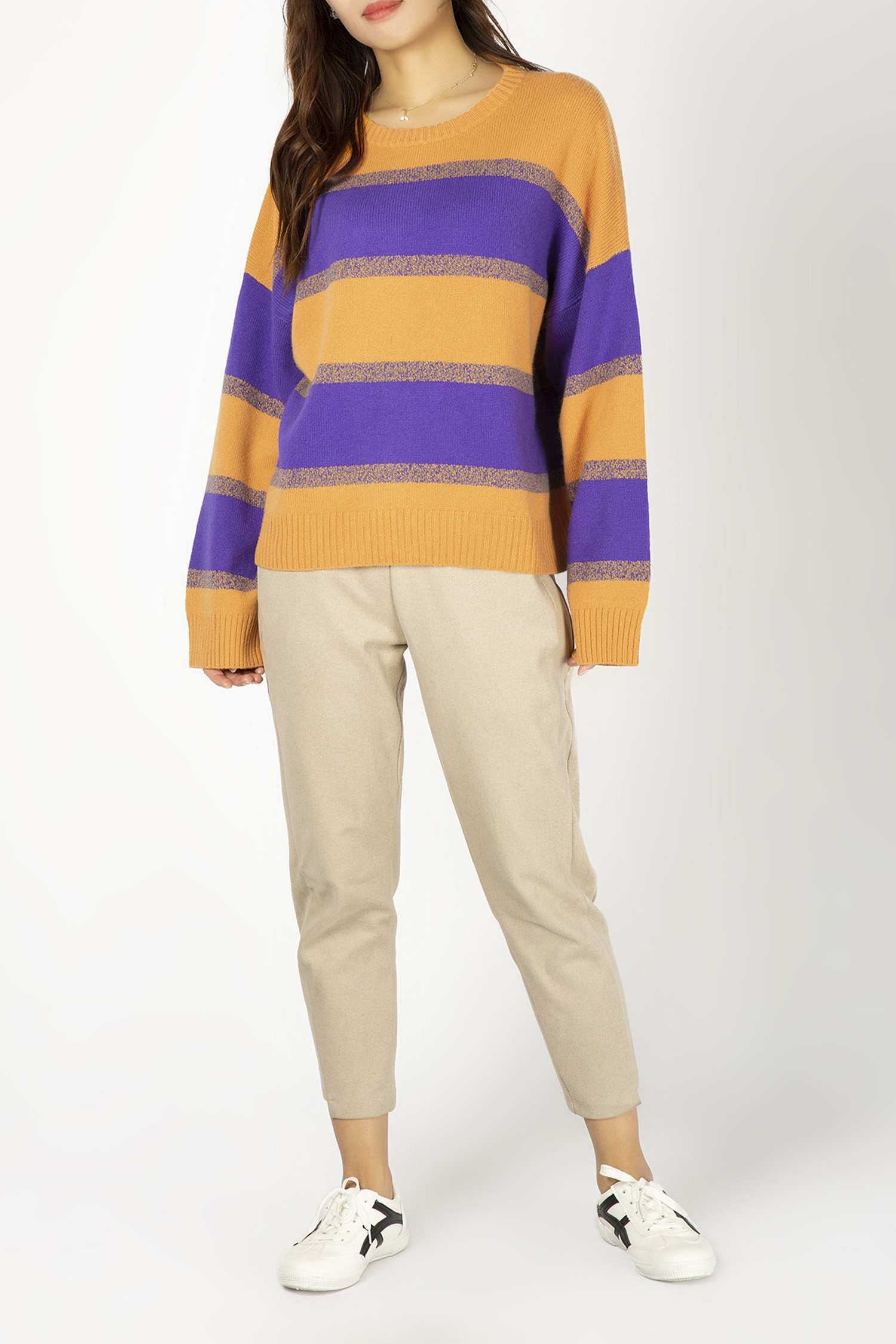 Crew Neck Horizontal Big Stripe Plain Knit Jumper 7GG