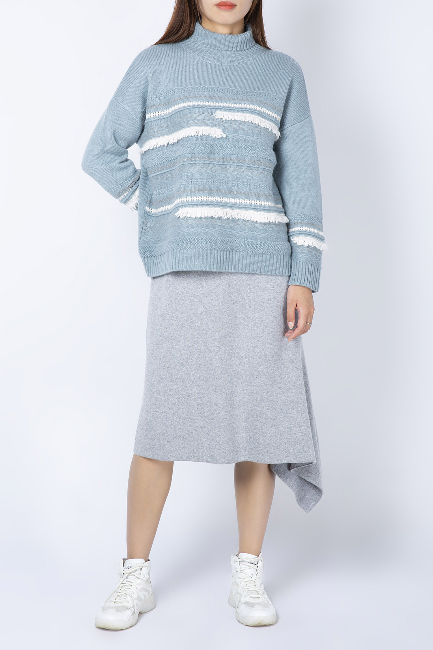 Turtleneck Multi Knit Structure Chunky Jumper with Tassel Decoration 7GG