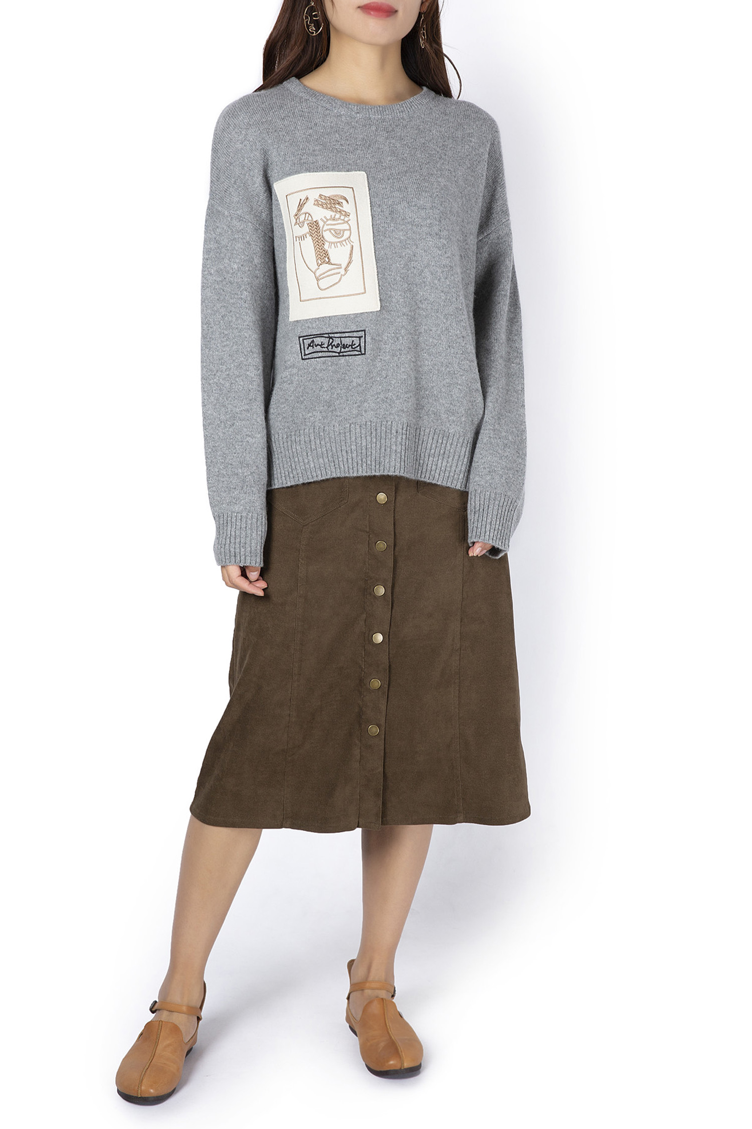 Crew Neck Plain Knit Loose Pullover with Monster Patch and Embroidery 7GG