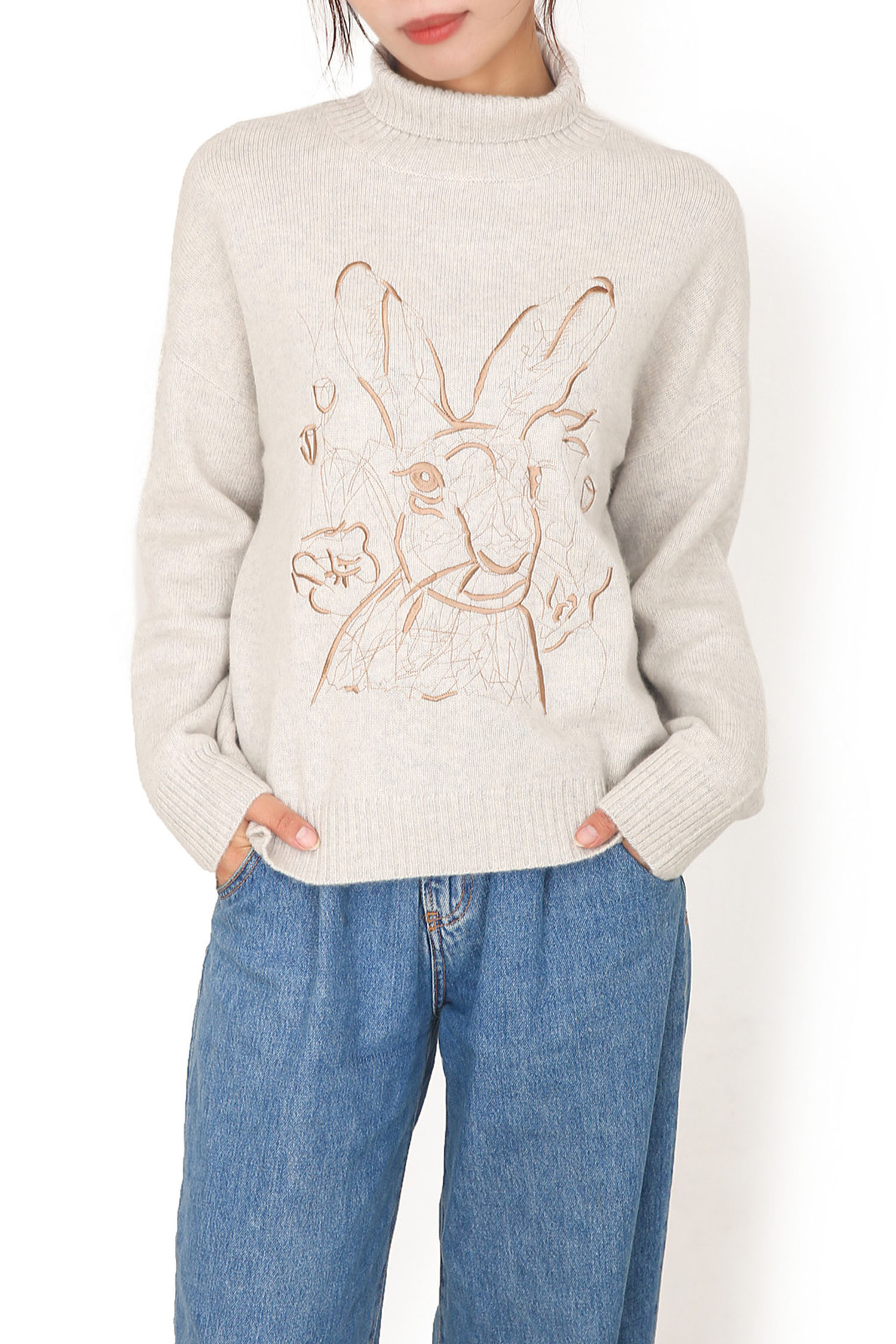 Turtleneck Plain Knit Jumper with Full Front Embroidery 7GG